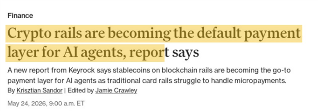 CoinDesk 标题强调：报告称，加密货币轨道正在成为人工智能代理的默认支付层